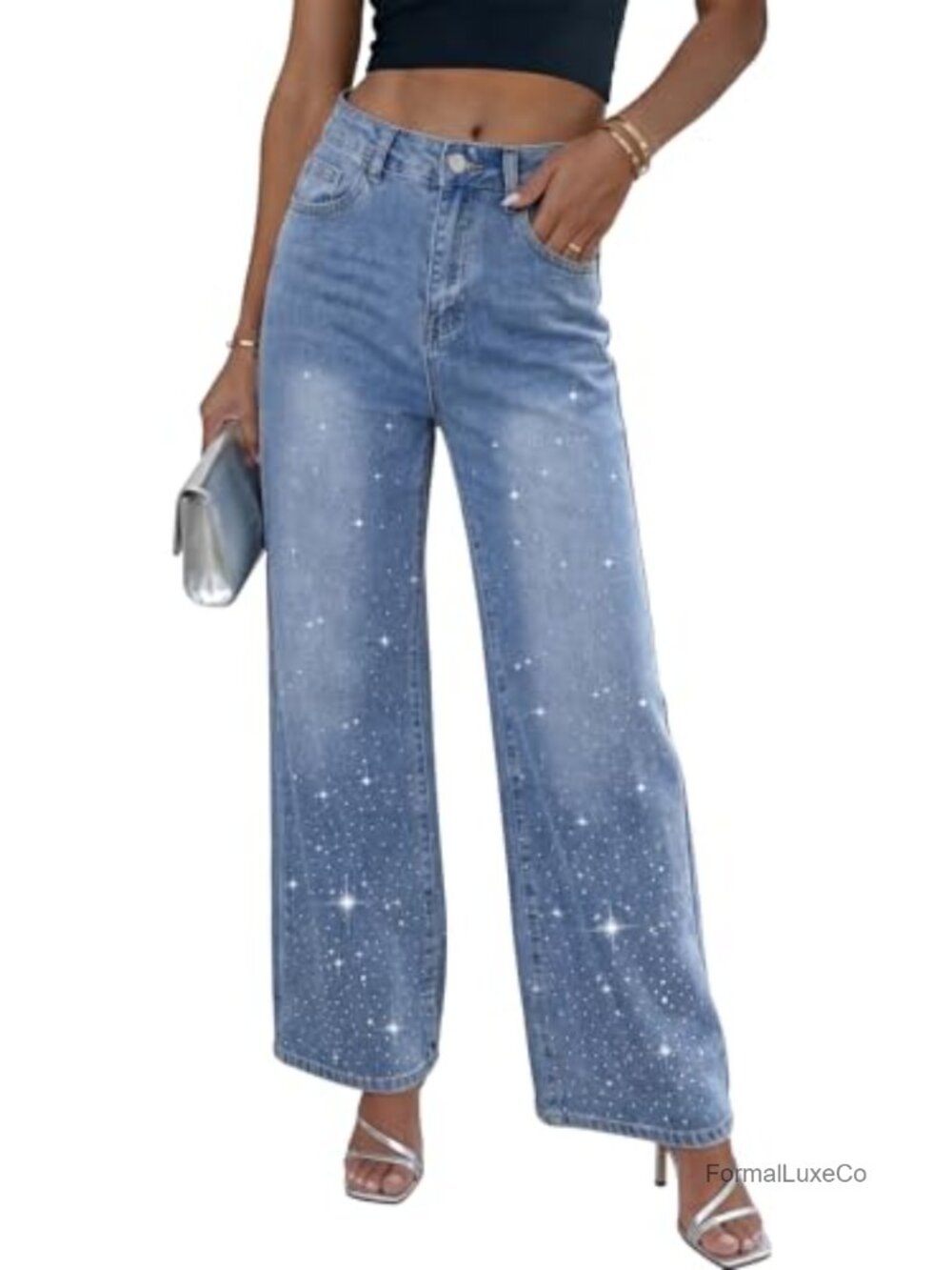 Rhinestone High Waisted Baggy Wide Leg Sparkly Denim Pants
